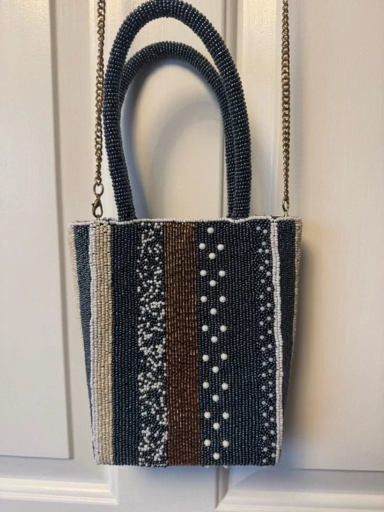 Maeve Beaded Mini Tote in Blue, Brown & Cream - Picture 1 of 2